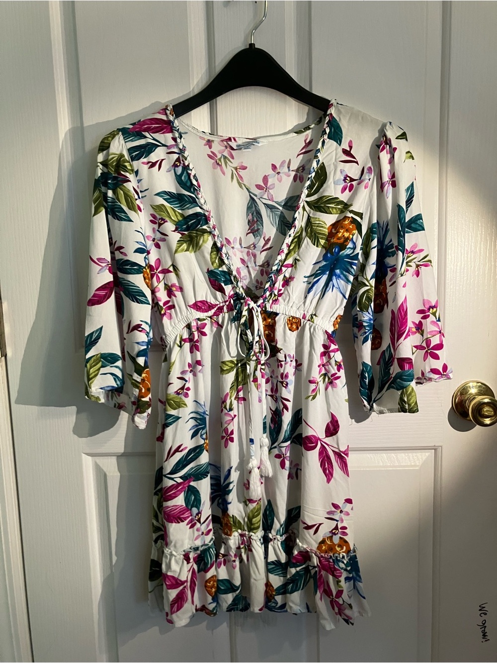 blue island White Floral V-Neck Drawstring Mini Dress